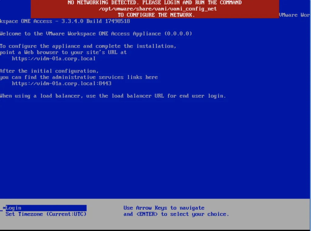 Welcome to the VMware Workspace ONE Access Appliance setup screen, showing network configuration instructions.