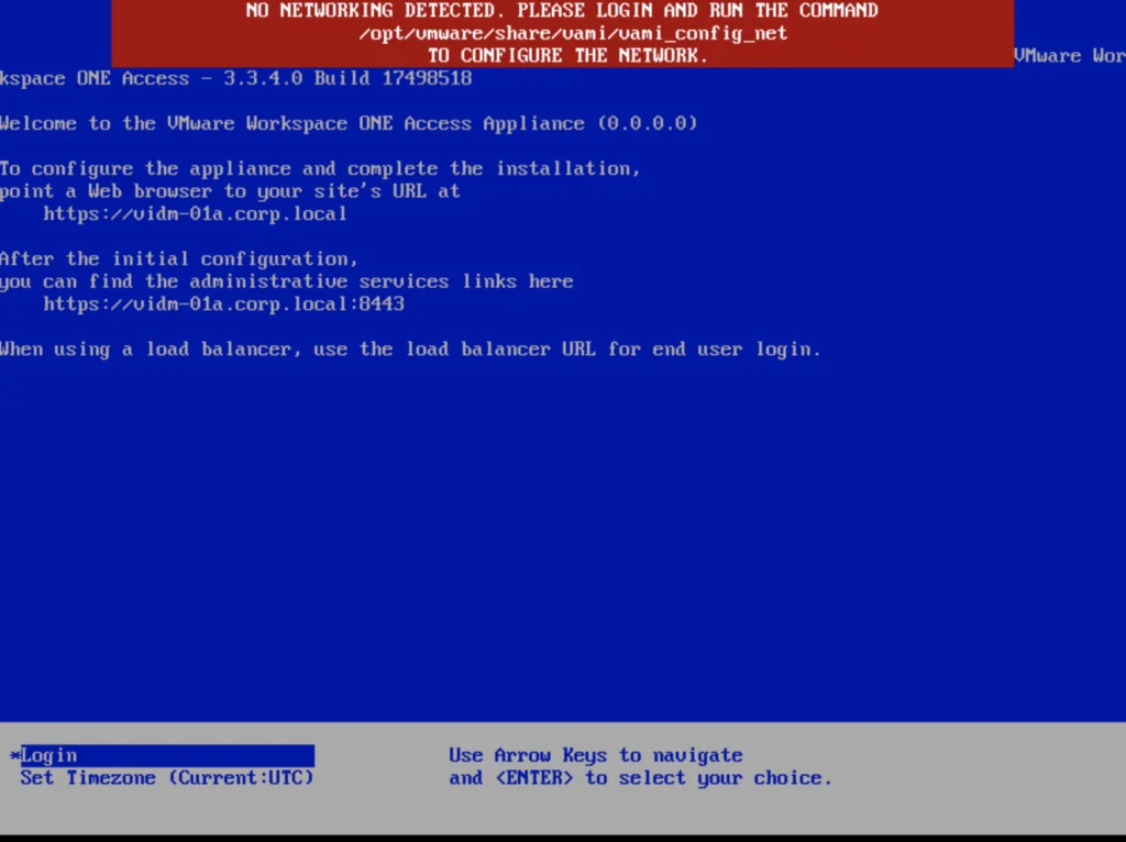 Error message: "No networking detected. Please login and run the command to configure the network.