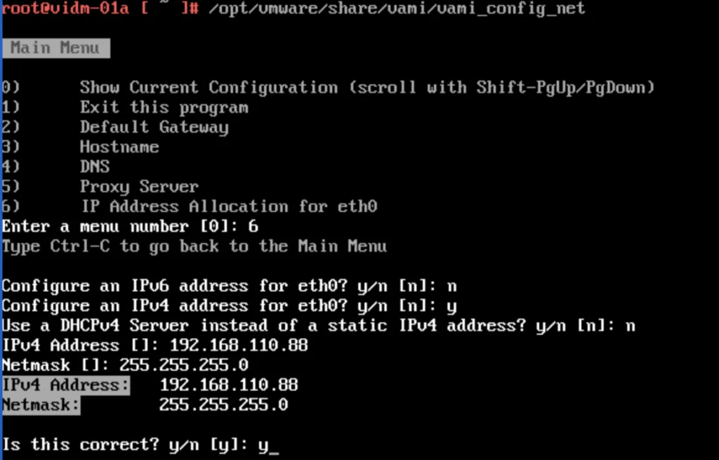 Configuring IP settings for eth0 via menu-driven wizard.