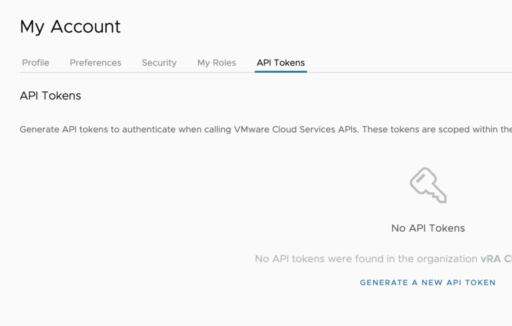 The image shows the API Tokens section of a VMware Cloud Services account, with a “Generate a New API Token” button.