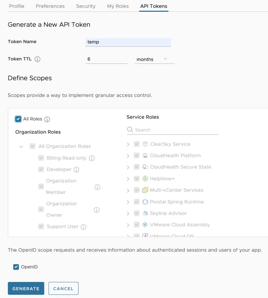 API token creation page with token name, TTL, and scopes options.