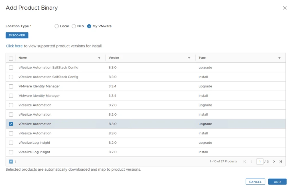 The screenshot shows a wizard step for selecting vRealize Automation binaries to upgrade to version 8.3.0.