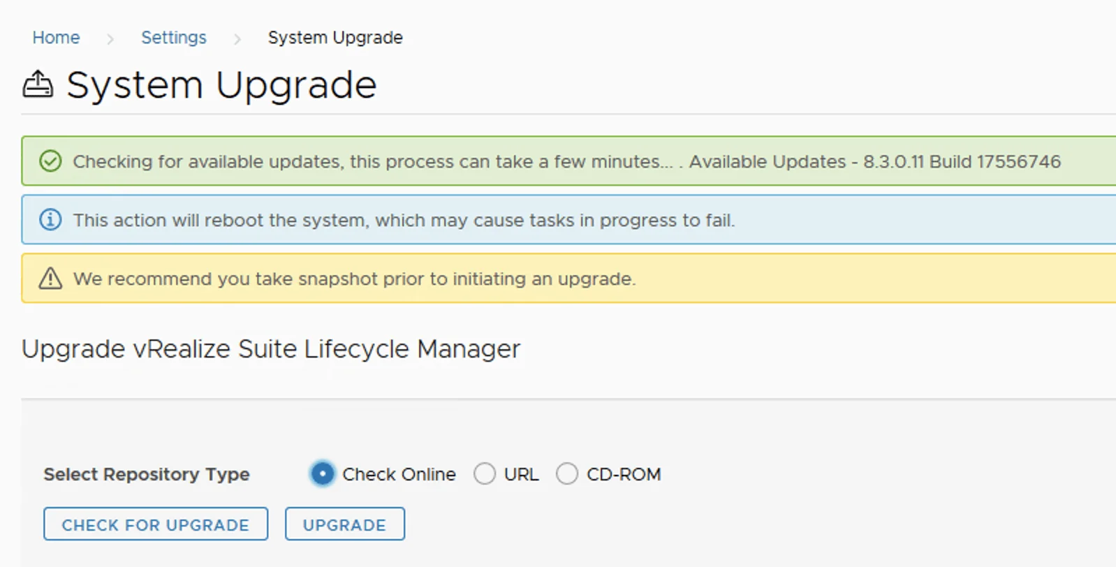 System upgrade page showing available update 8.3.0.11.