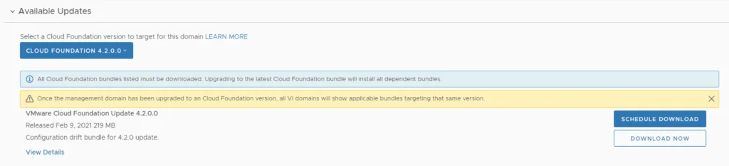 Upgrading VCF 4.1.0.0 to 4.2.0.0: Select Cloud Foundation 4.2.0.0, then download configuration drift bundle.