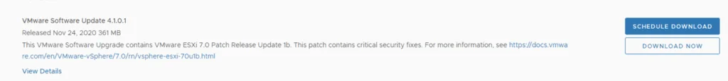 VMware Software Update 4.1.0.1 released Nov 24, 2020, 361 MB. Contains critical security fixes.