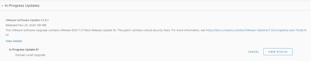 Upgrading VCF 4.1.0.0 to 4.2.0.0: In-Progress Updates show Domain Level Upgrade status.