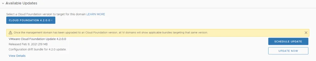 UI shows Cloud Foundation 4.2.0.0 update details, includes “Schedule Update” and “Update Now” buttons.