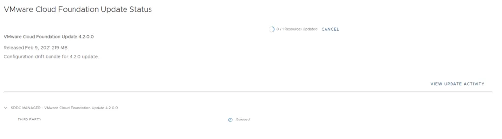 Update status page shows 0/1 resources updated, with a cancel button.