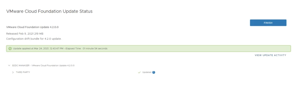 VMware Cloud Foundation Update 4.2.0.0 completed in 1 min 54 sec. Click Finish to return to main SDDC Manager page.