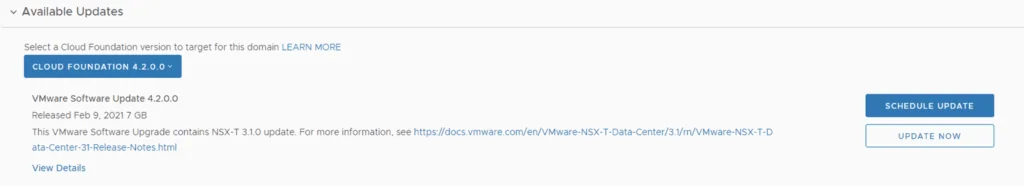 Update Now button available for VMware Cloud Foundation 4.2.0.0 upgrade.