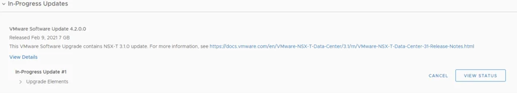 Upgrading to VMware 4.2.0.0 in progress. Click View Status for updates.