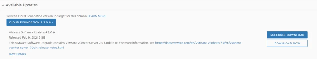 Upgrading VCF 4.1.0.0 to 4.2.0.0: Available updates page shows vCenter server next.
