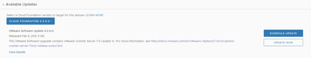 Select Cloud Foundation version, then click Schedule Update or Update Now.