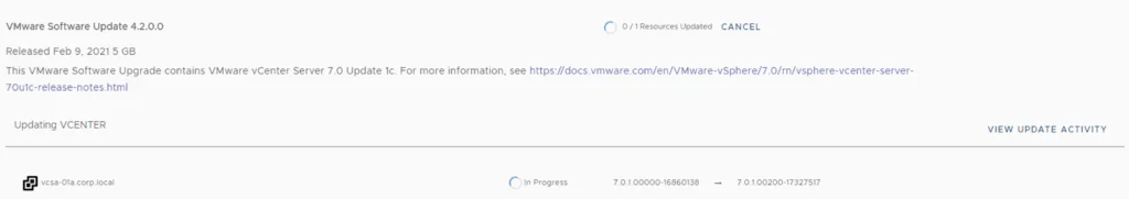 Upgrading VCF 4.2.0.0 in progress, showing update details and status.