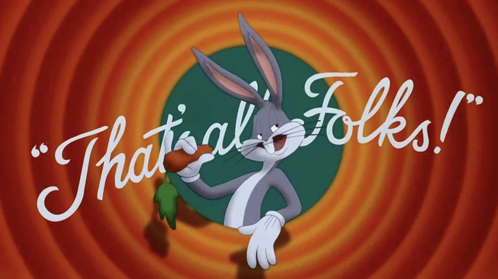 A cartoon rabbit holding a carrot with "That's all, folks!" text.
