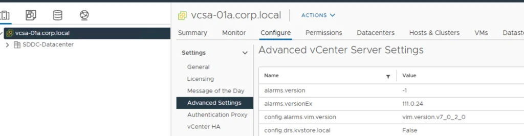Advanced vCenter Server settings displayed in vSphere configuration UI.