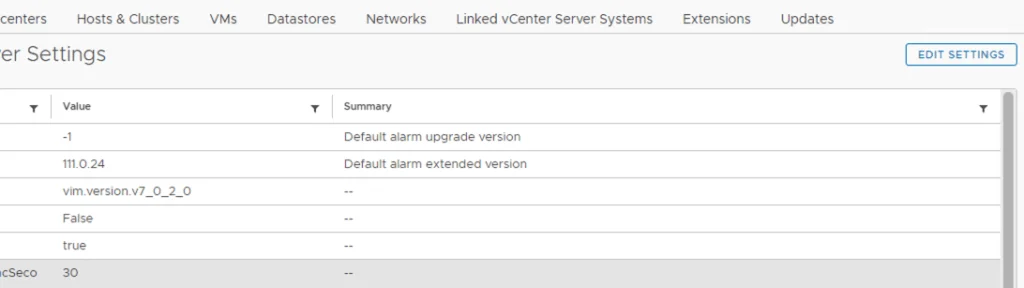 Edit Settings button visible for modifying vSphere server configurations.