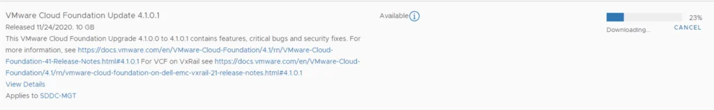 VMware Cloud Foundation Update 4.1.0.1 available for download, 23% progress.