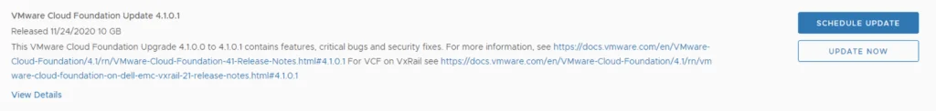 UI shows VMware Cloud Foundation Update 4.1.0.1 with options to Schedule Update or Update Now.