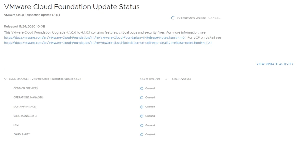 Upgrading VCF 4.1.0.0 to 4.1.0.1; components queued for update.