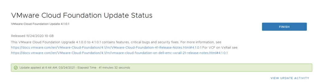 Upgrade status displayed, update applied, finish button available.