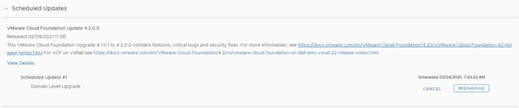 Scheduled update details for VMware Cloud Foundation 4.2.0.0 are shown, including release notes link.