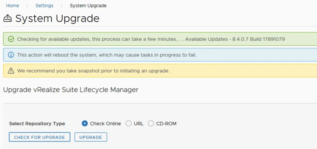 System upgrade page showing available update 8.4.0.7.