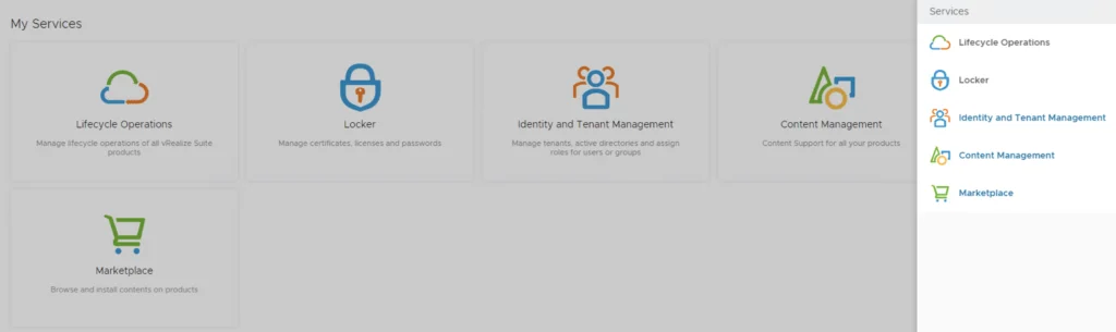 UI shows services for managing lifecycle operations, locker, identity, content, and marketplace in vRealize Suite Lifecycle Manager.