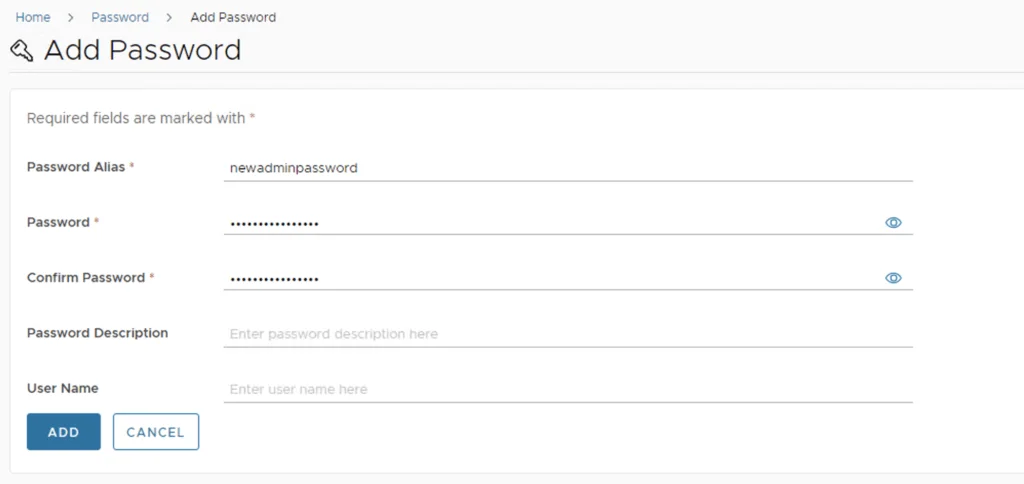 Add Password form with fields for alias, password, confirm, description, username, and buttons.