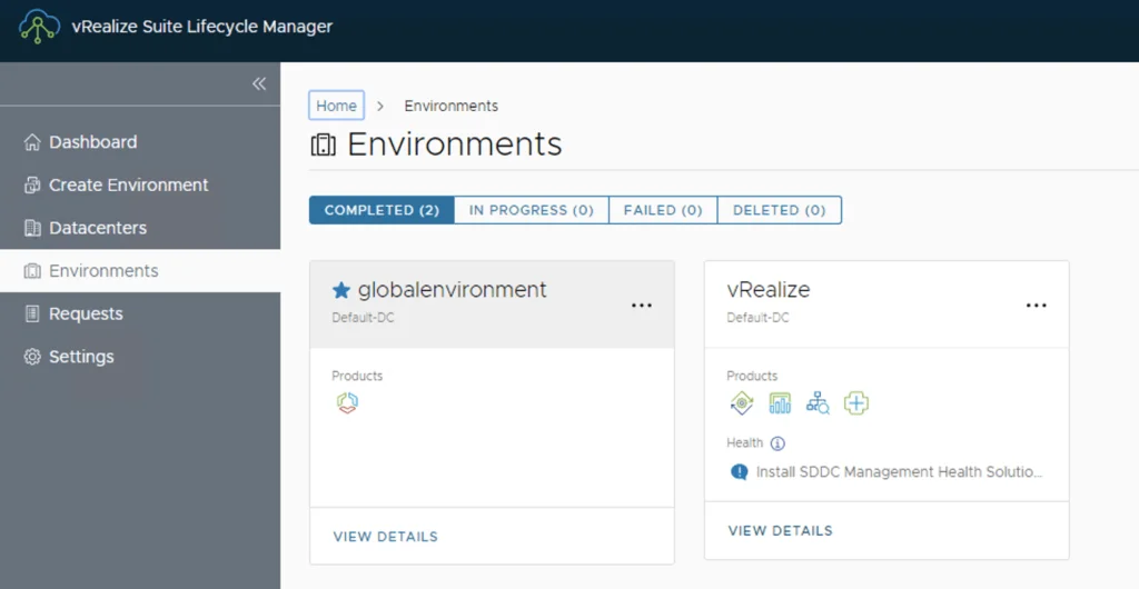 View details on vRealize environment to update password via vRSLCM.