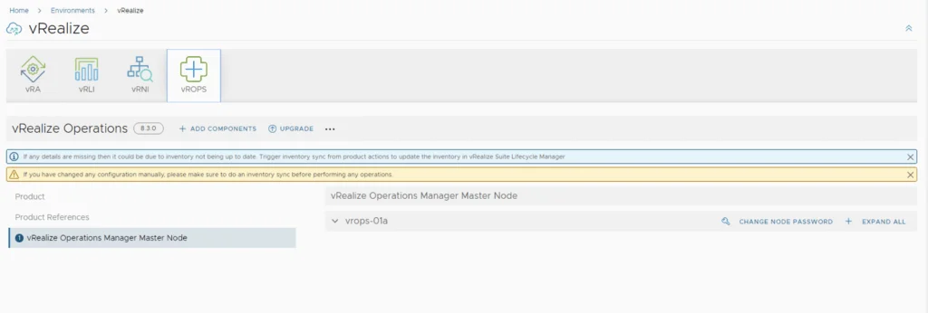 The image shows vRealize Operations Manager Master Node details with an option to change the node password.
