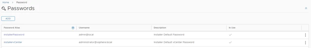 The image shows a list of passwords in vRSLCM, including InstallerPassword and InstallervCenter, with their respective descriptions and usage status.