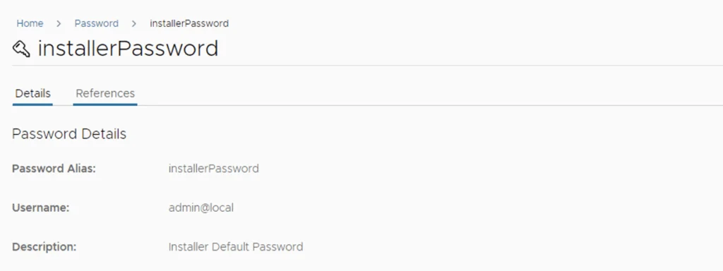 Password details for ‘installerPassword’: alias, username, description.