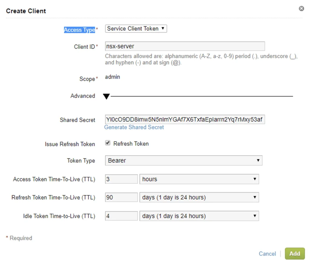 Configure NSX-T vIDM auth: Set Service Client Token, Client ID, Scope, Advanced, Shared Secret, and Token TTLs.