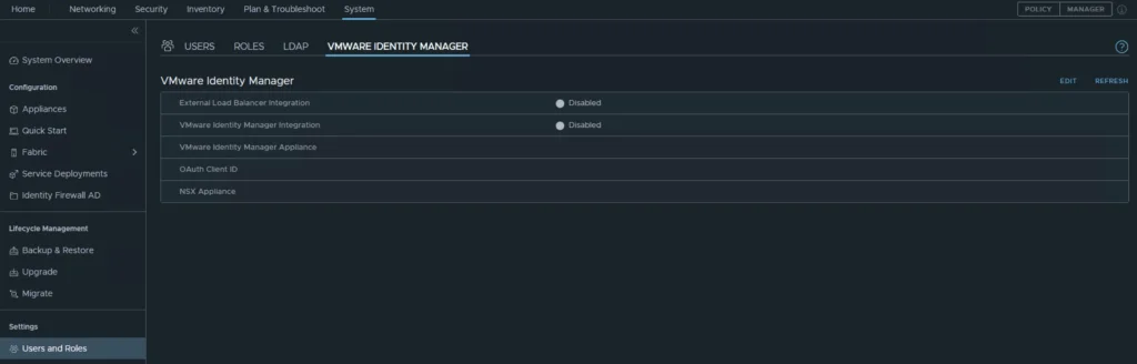 The image shows the VMware Identity Manager settings in NSX-T, with options like External Load Balancer Integration and VMware Identity Manager Integration.