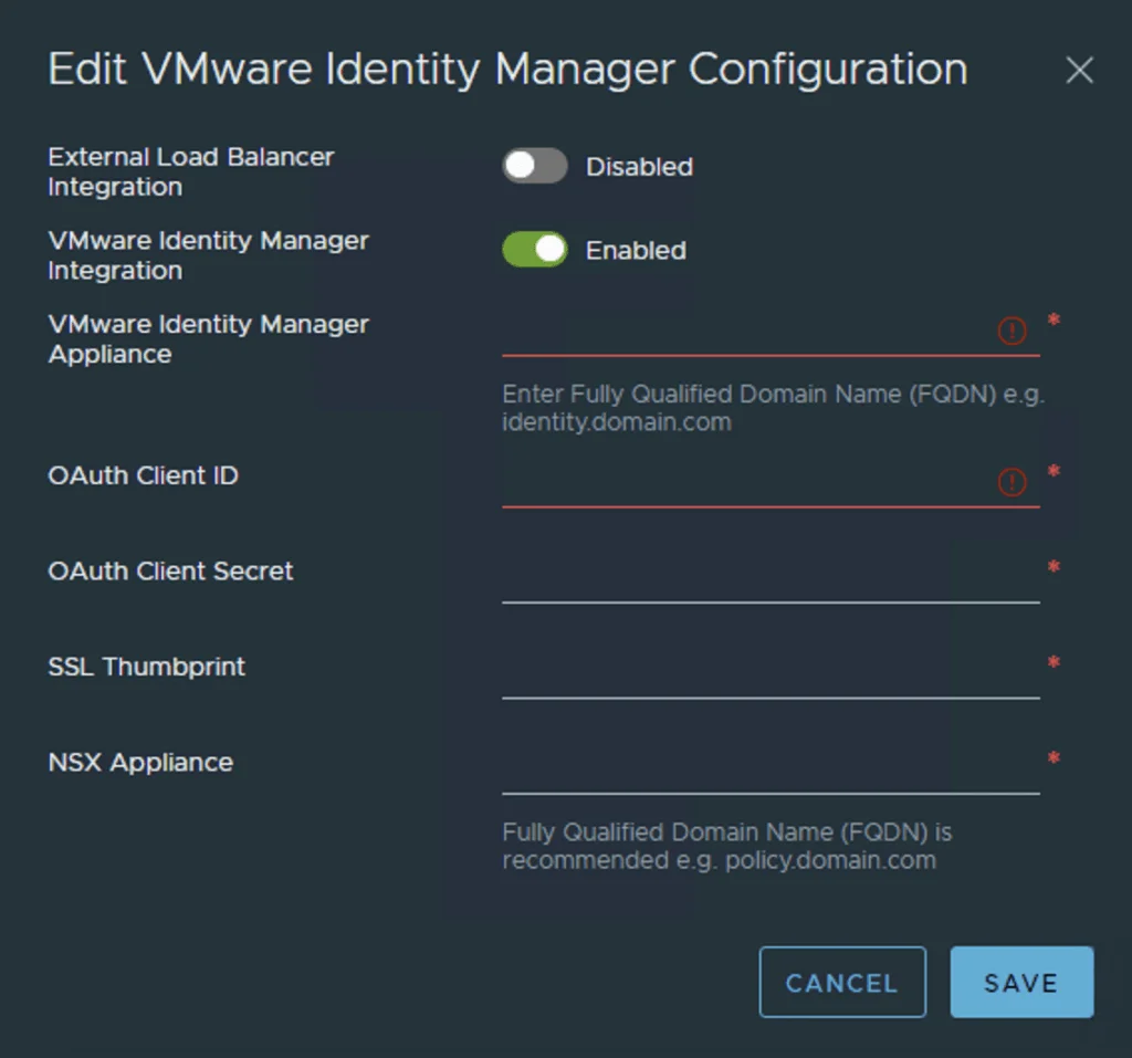 Configure NSX-T to use vIDM as auth; fill OAuth Client ID, Secret, FQDN, etc.