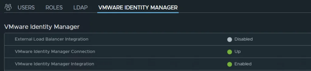 NSX-T integration with vIDM shows enabled status and connection up.
