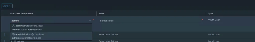 Type user, see autocomplete suggestions, select roles.