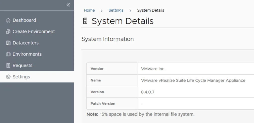 System details show vRSLCM version 8.4.0.7, vendor VMware Inc.