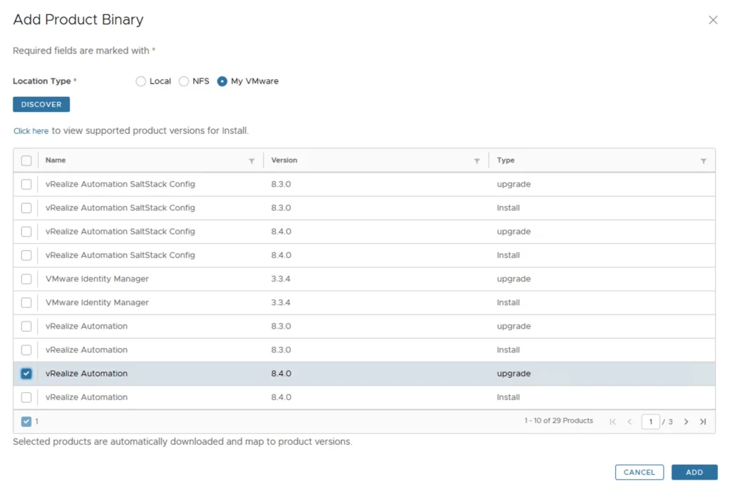 The image shows a step in upgrading vRealize Automation to version 8.4.0, with a list of available binaries and options to select and add.
