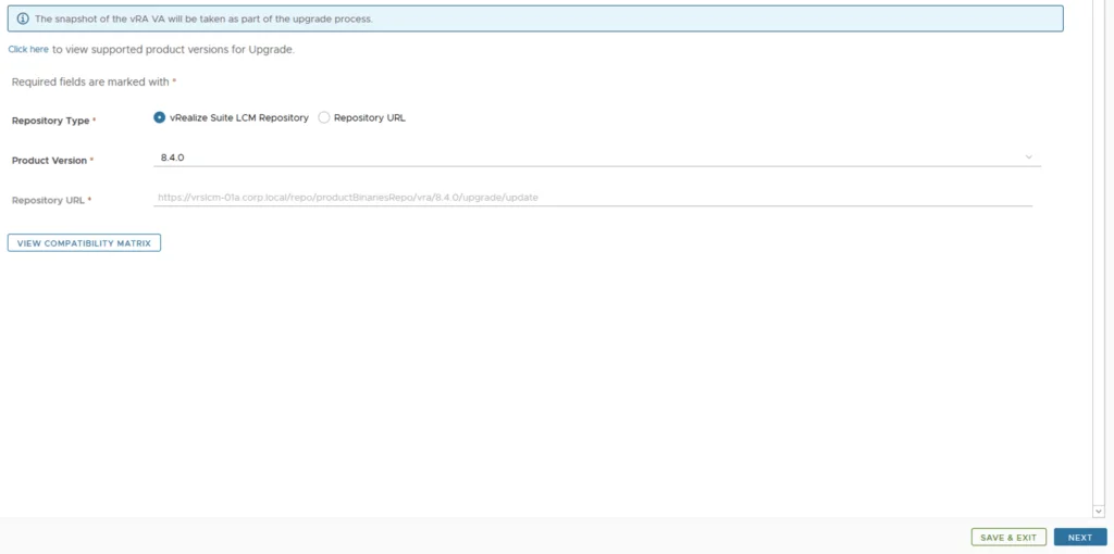 Upgrade wizard step showing vRA product version 8.4.0 and repository URL.