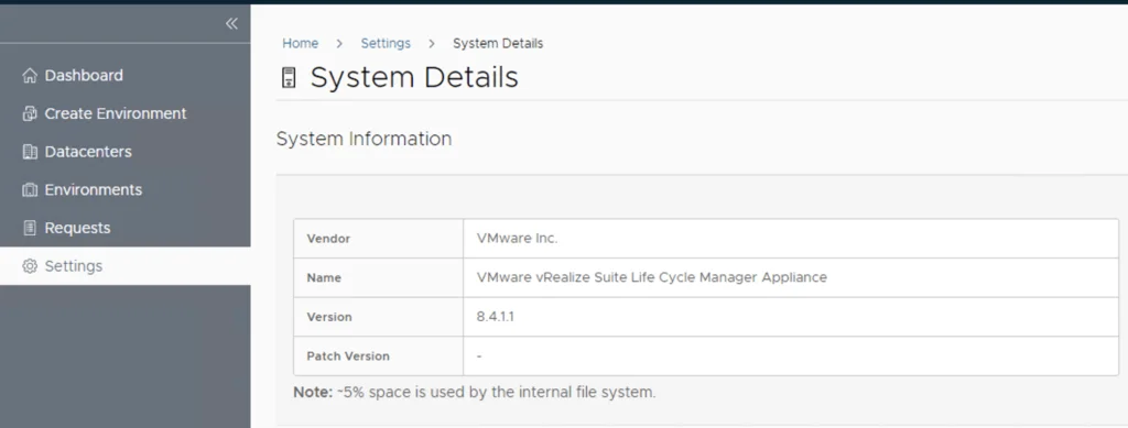 System Details page shows vRSLCM version 8.4.1.1 and vendor VMware Inc.