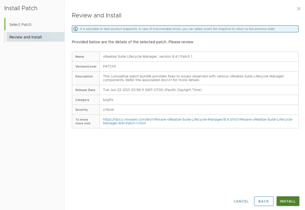 Patching vRSLCM to 8.4.1.1 Patch 1: Review details, then click Install.