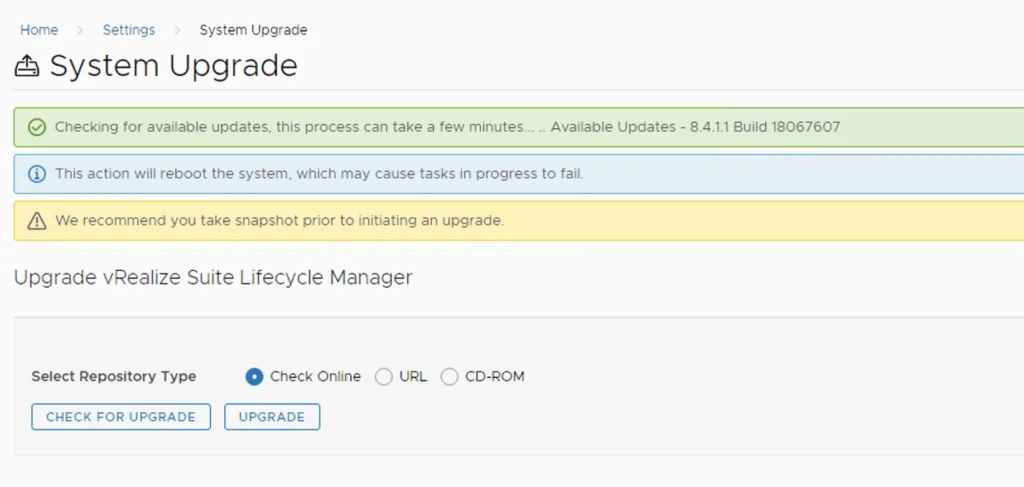 System upgrade page showing available update 8.4.1.1, reboot warning, and upgrade options.