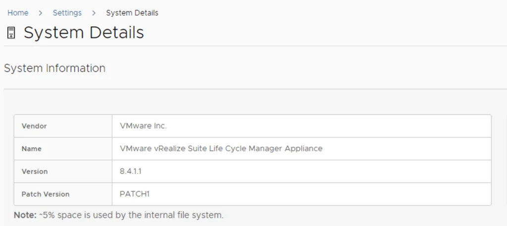 System details show vRSLCM version 8.4.1.1, Patch 1 by VMware.