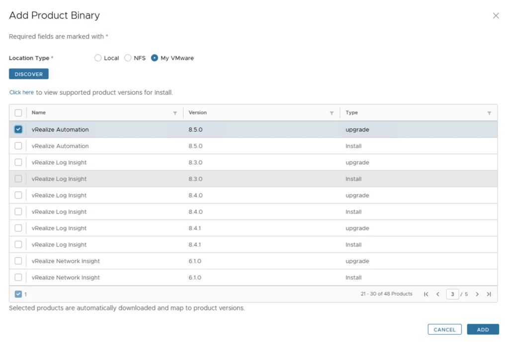 The image shows a list of discovered vRealize Automation and Log Insight binaries for version 8.5.0, with an option to select and add them.