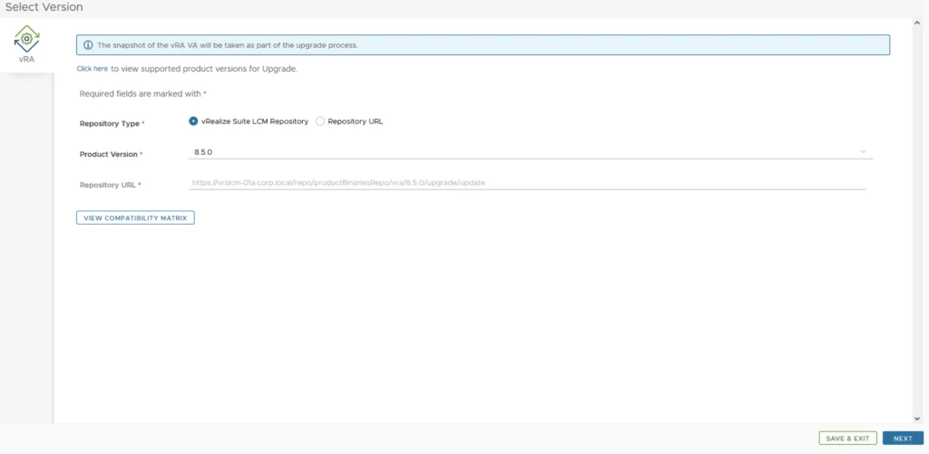 Upgrading vRA to 8.5.0; select version, click Next; review compatibility matrix.