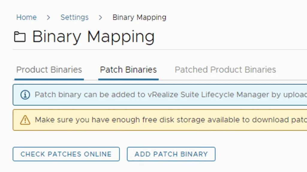 Binary Mapping page showing Patch Binaries tab, warning about free disk space, and options to check patches online or add patch binary.