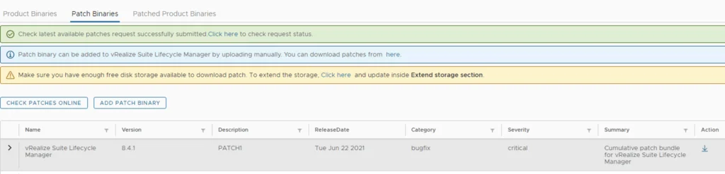 Patching vRSLCM to 8.4.1.1 Patch 1 is available.