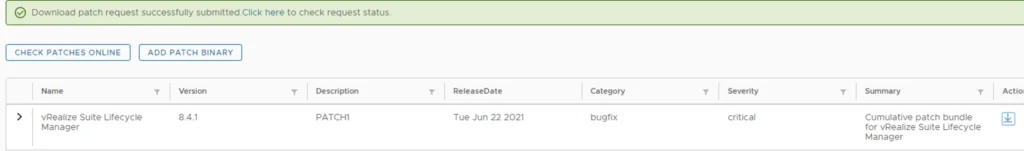 Patching vRSLCM to 8.4.1.1 Patch 1: Click ‘Click here’ to check request status.